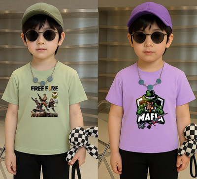 Lecowar Boys Graphic Print Polyester Regular T Shirt(Green, Purple, Pack of 2)
