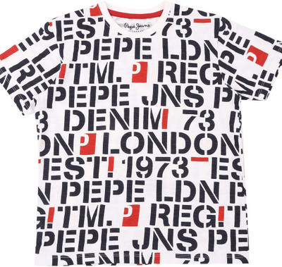 Pepe Jeans Boys Printed Cotton Blend Regular T Shirt(White, Pack of 1)
