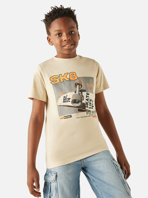 JUNIORS by Babyshop Boys Graphic Print Cotton Blend Regular T Shirt(Beige, Pack of 1)