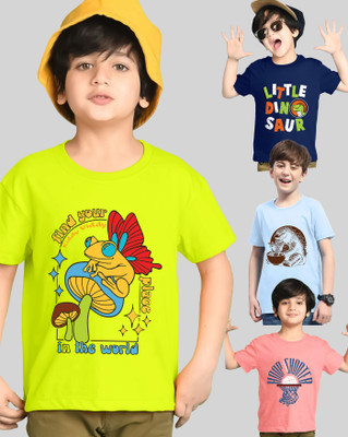 AUSK Boys Printed Cotton Blend Regular T Shirt(Blue, Light Blue, Pack of 4)