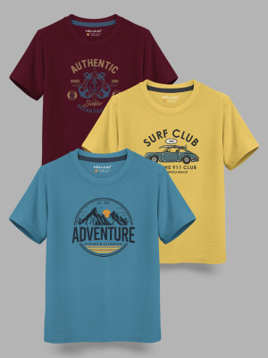 Hellcat Boys Printed Cotton Blend Regular T Shirt(Multicolor, Pack of 3)