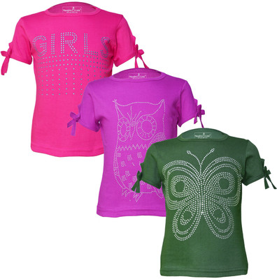 Just Live Fashionn Girls Printed Pure Cotton Regular T Shirt(Dark Green, Pack of 3)