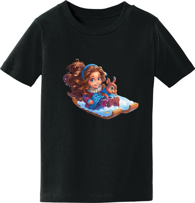 YARNVA Boys & Girls Printed Cotton Blend Regular T Shirt(Black, Pack of 1)