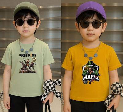 Lecowar Boys Printed Polyester Regular T Shirt(Green, Yellow, Pack of 1)