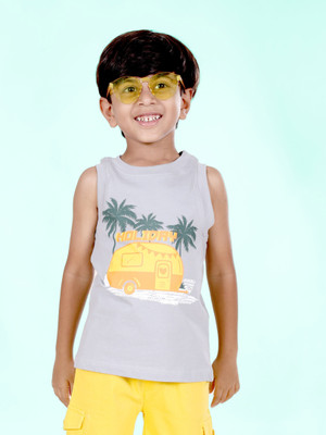 Kiddo Paanti Baby Boys Printed Pure Cotton Regular T Shirt(Grey, Pack of 1)