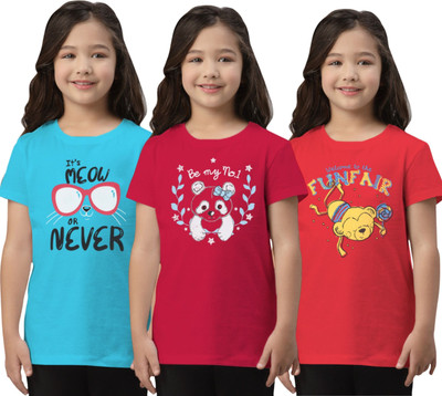FEDAMSEL Girls Printed Pure Cotton Regular T Shirt(Multicolor, Pack of 3)