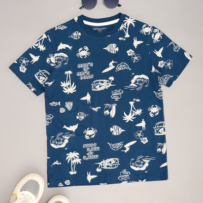 Pantaloons Junior Boys Printed Cotton Blend Regular T Shirt(Blue, Pack of 1)