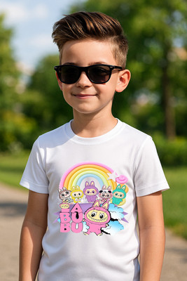 fashionbites Boys & Girls Printed Polyester Regular T Shirt(White, Pack of 1)