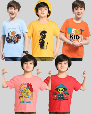 AUSK Boys Printed Cotton Blend Regular T Shirt(Multicolor, Pack of 5)