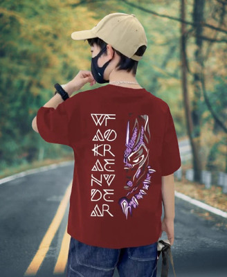 TeeBrozz Boys Graphic Print Cotton Blend Oversized T Shirt(Maroon, Pack of 1)