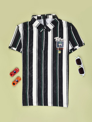 V-MART Boys Striped Cotton Blend Regular T Shirt(Black, White, Pack of 1)