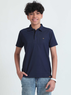 Stellers Boys Solid Polyester Regular T Shirt(Dark Blue, Pack of 1)
