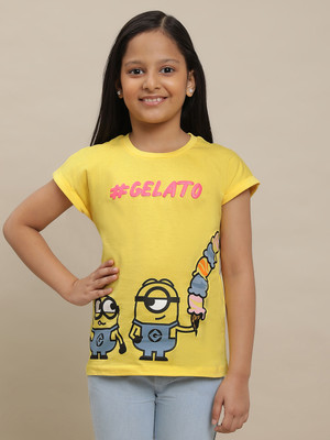 kidsville Girls Typography, Printed Pure Cotton Regular T Shirt(Yellow, Pack of 1)