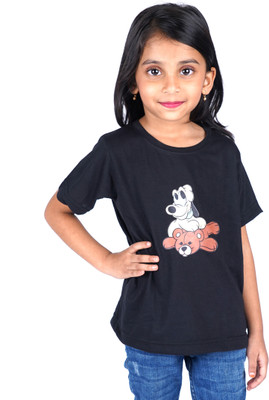 Yellowtoons Girls Cartoon Cotton Blend Regular T Shirt(Black, Pack of 1)