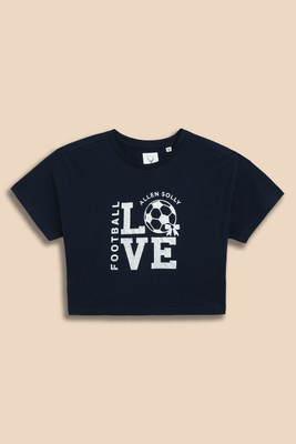 Allen Solly Girls Graphic Print Polycotton Regular T Shirt(Dark Blue, Pack of 1)