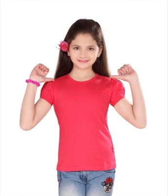 SINI MINI Girls Solid Cotton Blend Regular T Shirt(Pink, Pack of 1)