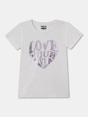 R&B Girls Typography Pure Cotton Regular T Shirt(White, Pack of 1)