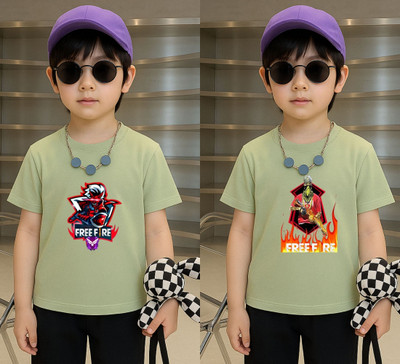 Lecowar Boys Printed Polyester Regular T Shirt(Green, Pack of 1)