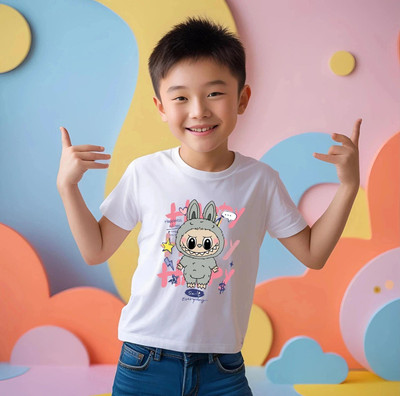 Kidloo Boys Labubu, Graphic Print Cotton Blend Regular T Shirt(White, Pack of 1)