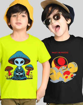 ENITOR Boys Graphic Print Cotton Blend Regular T Shirt(Light Green, Black, Pack of 2)
