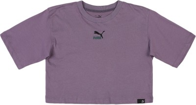 PUMA Girls Solid Cotton Blend T Shirt(Purple, Pack of 1)