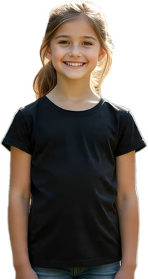 adreze Girls Solid Cotton Blend Regular T Shirt(Black, Pack of 1)