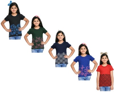 IndiWeaves Girls Printed Pure Cotton T Shirt(Multicolor, Pack of 5)