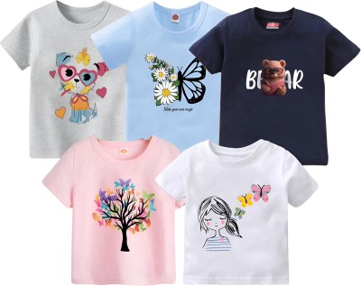 DAMN GUD DG Girls Printed Pure Cotton T Shirt(Multicolor, Pack of 5)