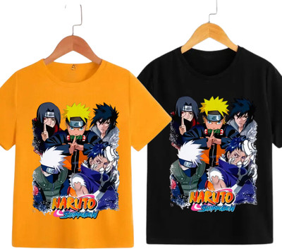 RAR Boys & Girls Graphic Print Polycotton Regular T Shirt(Black, Orange, Pack of 2)