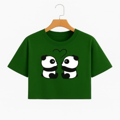 CROP ZONE Girls Printed Cotton Blend Regular T Shirt(Dark Green, Pack of 1)