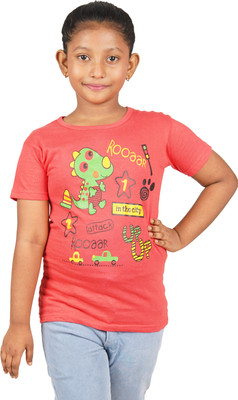 Yellowtoons Girls Printed Cotton Blend Regular T Shirt(Red, Pack of 1)