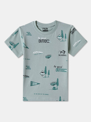 R&B Boys Graphic Print Pure Cotton Regular T Shirt(Green, Pack of 1)