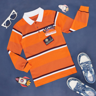 Pantaloons Junior Boys Printed Pure Cotton Regular T Shirt(Orange, Pack of 1)