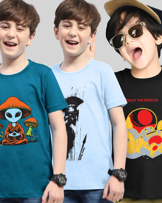 AUSK Boys Printed Cotton Blend Regular T Shirt(Dark Blue, Dark Blue, Pack of 3)