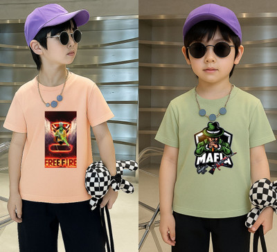 Lecowar Boys Printed Polyester Regular T Shirt(Pink, Green, Pack of 1)