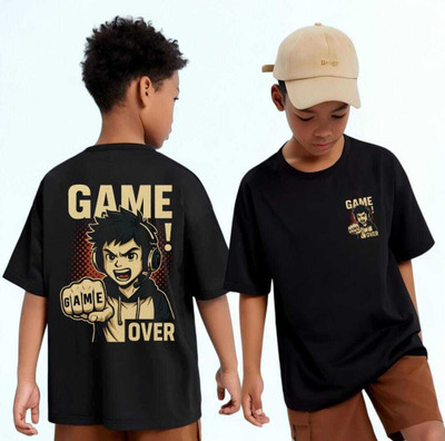 Show In Style Boys Printed Pure Cotton Oversized T Shirt(Black, Pack of 1)