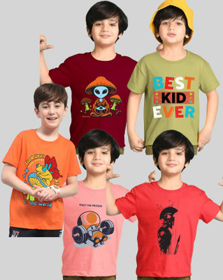 AUSK Boys Printed Cotton Blend Regular T Shirt(Multicolor, Pack of 5)