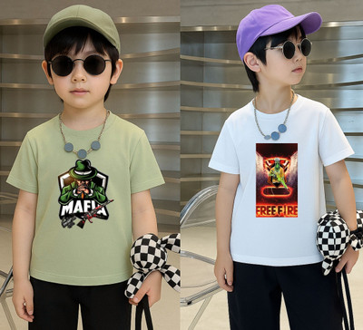 Lecowar Boys Printed Polyester Regular T Shirt(Green, White, Pack of 2)