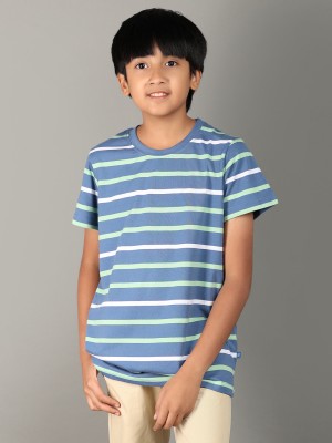 V-MART Boys Striped Pure Cotton Regular T Shirt(Blue, Pack of 1)