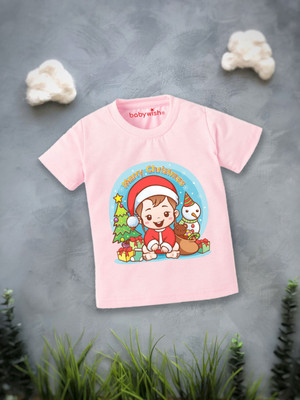 Babywish Boys & Girls Printed Pure Cotton Regular T Shirt(Pink, Pack of 1)