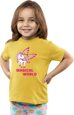 Printabulous Girls Printed Pure Cotton Regular T Shirt(Yellow, Pack of 1)
