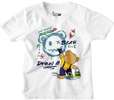 BonOrganik Boys Printed Pure Cotton Regular T Shirt(White, Pack of 1)
