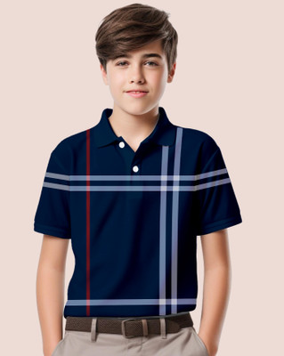 ENITOR Boys Checkered Cotton Blend Regular T Shirt(Blue, White, Pack of 1)