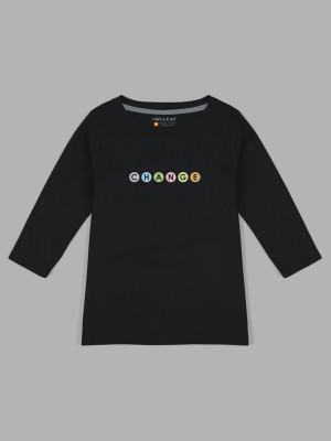 Hellcat Girls Printed Cotton Blend Regular T Shirt(Black, Pack of 1)