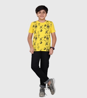MIST N FOGG Boys Typography, Printed Cotton Blend T Shirt(Yellow, Pack of 1)