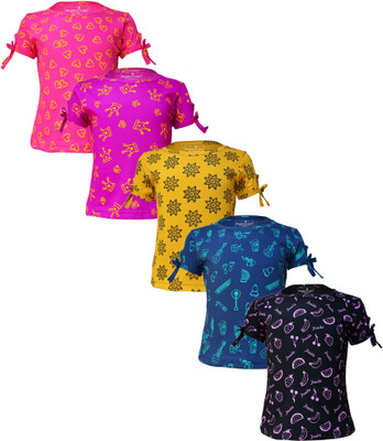 Eazy Trends Girls Printed Pure Cotton Regular T Shirt(Multicolor, Pack of 5)