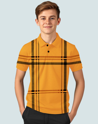 AUSK Boys Checkered Cotton Blend Regular T Shirt(Yellow, Black, Pack of 1)