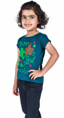 Tiny Cubs Girls Typography, Printed Cotton Blend Regular T Shirt(Blue, Pack of 1)