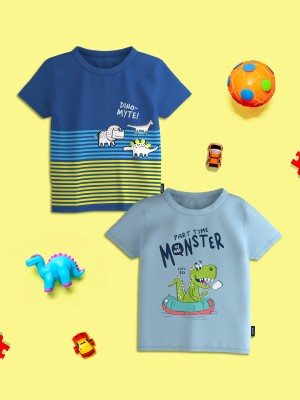 NautiNati Baby Boys Graphic Print Pure Cotton T Shirt(Blue, Pack of 2)