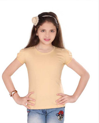 SINI MINI Girls Solid Cotton Blend Regular T Shirt(Beige, Pack of 1)